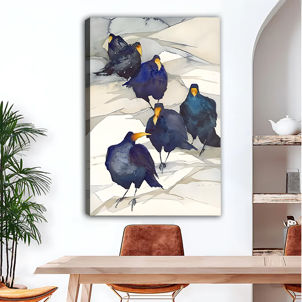 Watercolor crow flock canvas art print, unframed dark bird wall decor with expressive blue tones for dining room