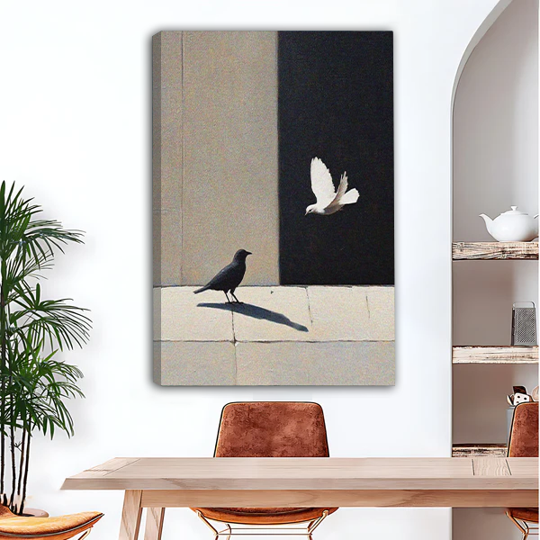 Minimalist crow and dove contrast painting gallery wrap canvas wall art