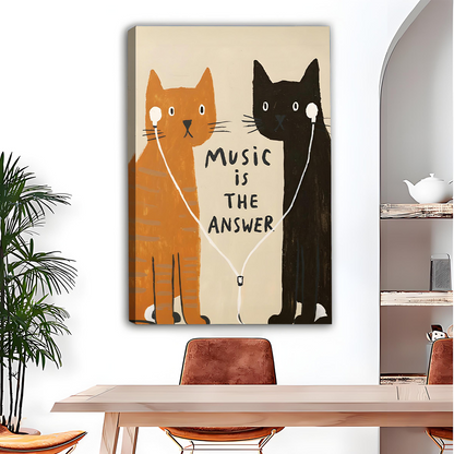 Music is the Answer cat canvas wall art with orange and black cats displayed in modern dining room setting