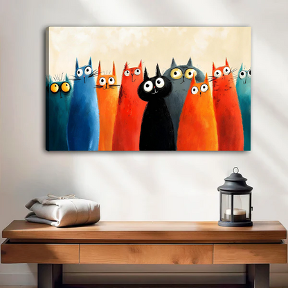 Funny colorful cats group canvas art print – frameless whimsical wall decor for living room