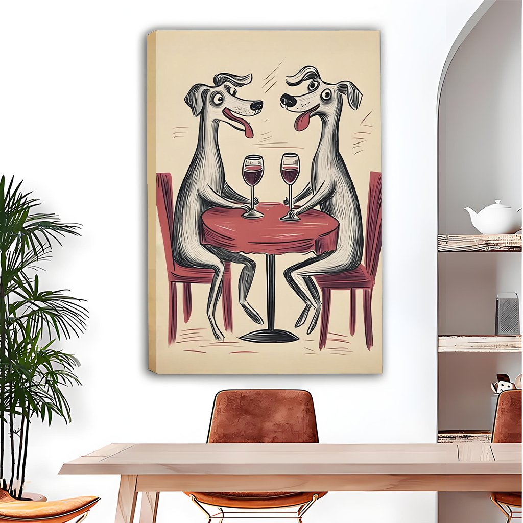 Whimsical dog couple canvas art print for dining room decor