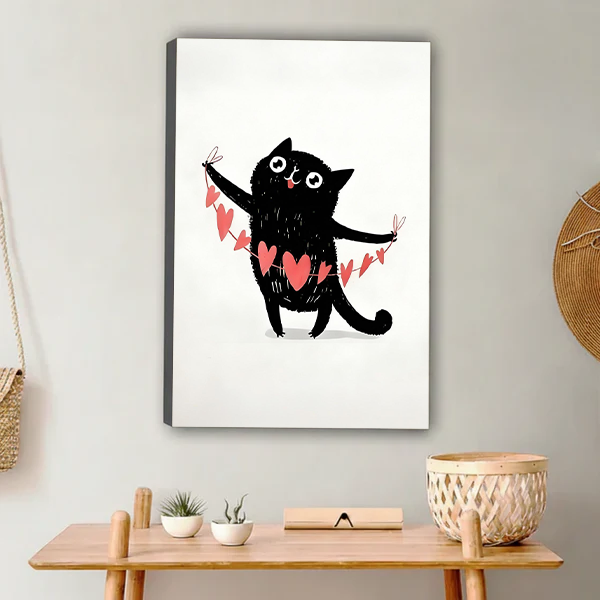 Cute black cat pink heart bunting gallery wrap canvas wall art on gray wall above wooden console table