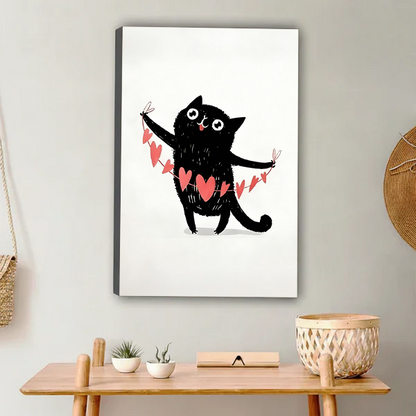 Cute black cat pink heart bunting gallery wrap canvas wall art on gray wall above wooden console table
