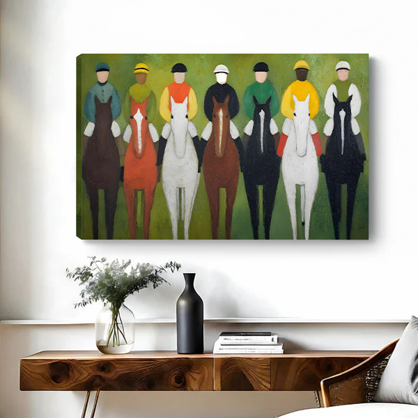 Canvas abstract horse racing jockeys colorful wall art print on white wall living room decor