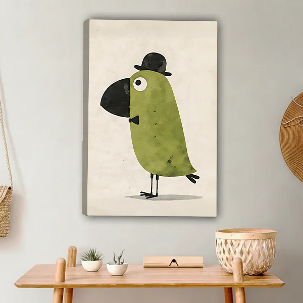 Funny gentleman bird with bowler hat canvas wall art displayed above a wooden console table in a neutral boho entryway