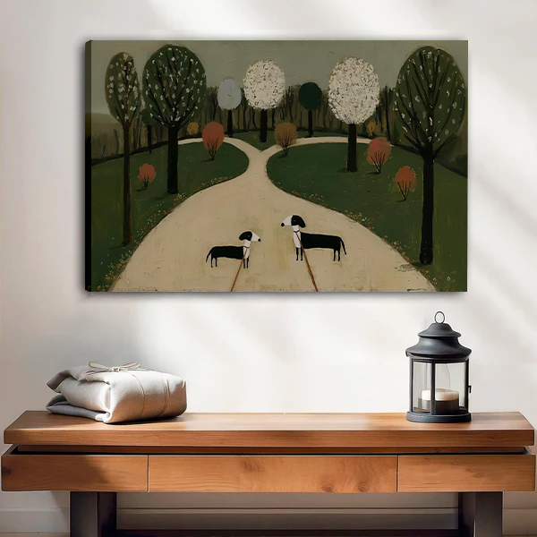 Black-framed two dogs park canvas wall art above a wooden console with folded blankets and a black lantern.