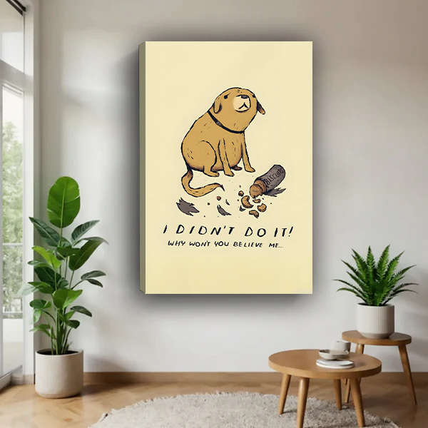 Funny dog I didn't do it canvas art print – frameless humorous cartoon dog wall decor in bright minimalist living room