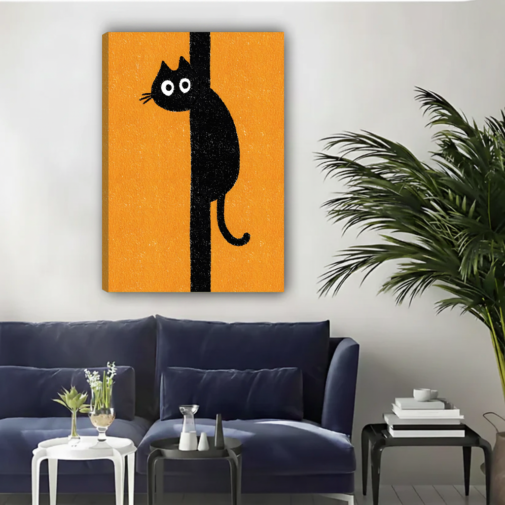 Black cat clinging to pole funny cartoon orange gallery wrap canvas wall art without frame displayed above navy sofa