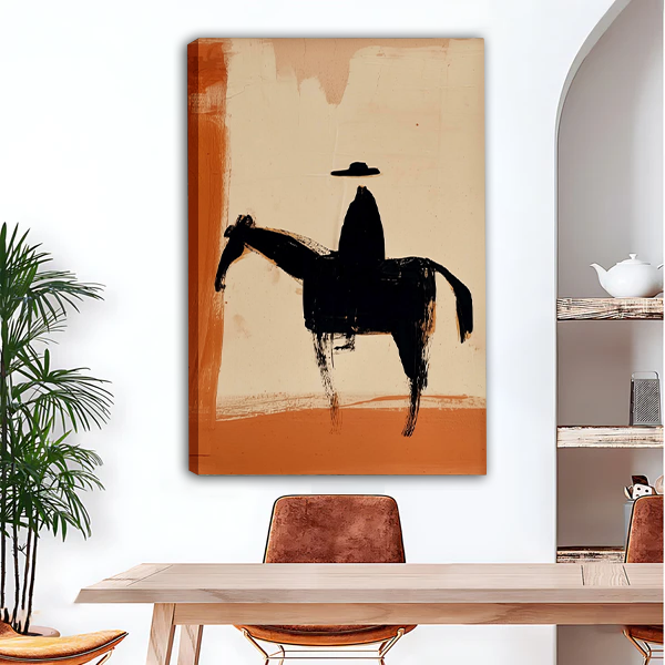 Abstract western cowboy silhouette canvas wall art displayed in dining room with earthy tones