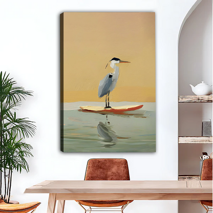 Funny Heron Surfboard Sunset Framed Canvas Wall Art l2544