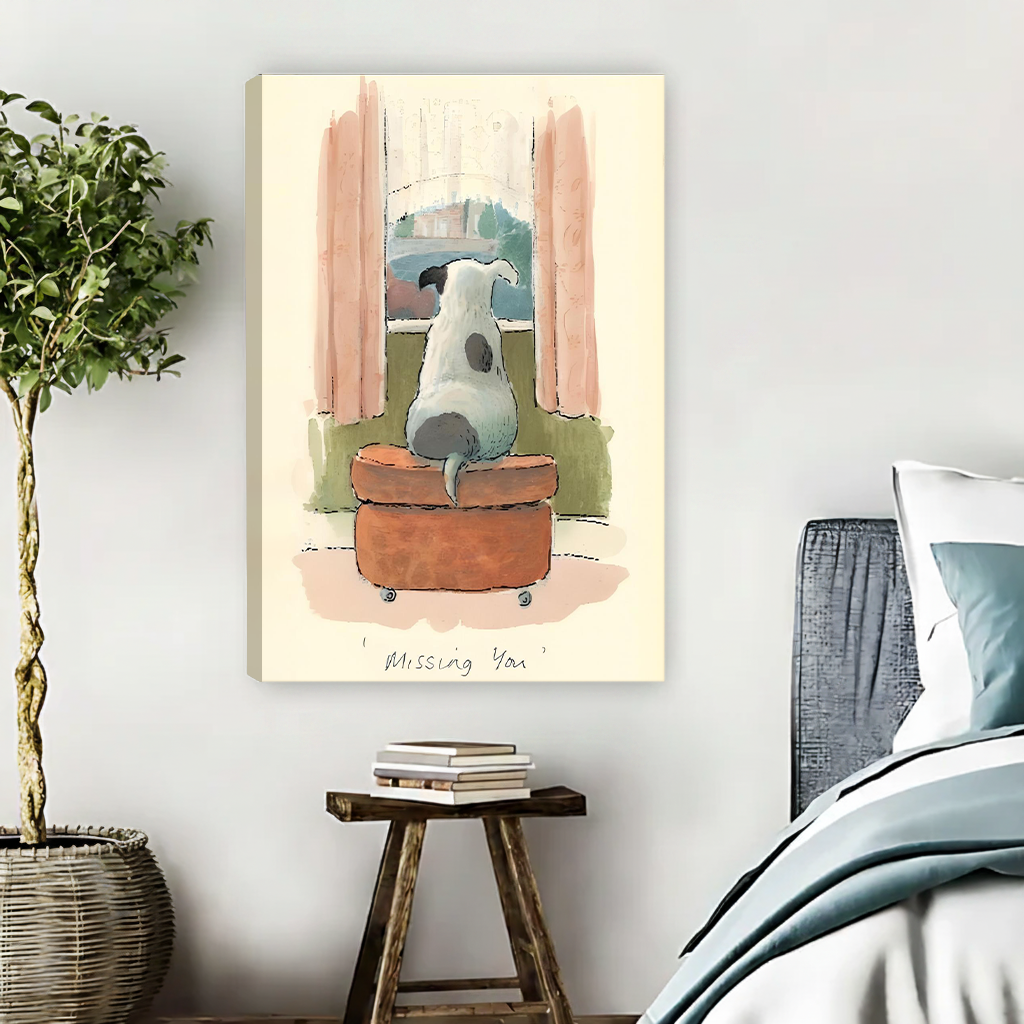 Missing You dog watercolor gallery wrap canvas displayed in warm bedroom without frame