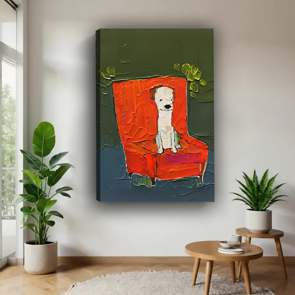 White dog on red armchair bold expressionist gallery wrap canvas art without frame hanging in contemporary living room with fiddle leaf fig and succulent plants