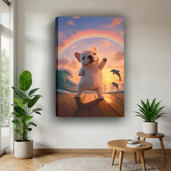 French bulldog dancing at sunset canvas art print displayed in bright contemporary living space