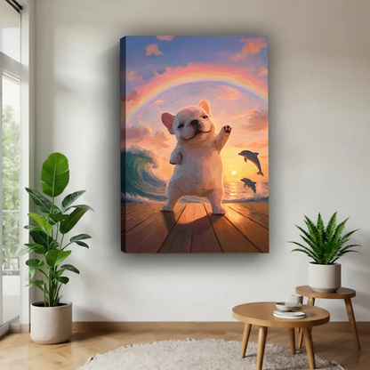 French bulldog dancing at sunset canvas art print displayed in bright contemporary living space