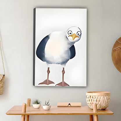 Framed canvas seagull wall art with bold side-eye expression, funny coastal bird print for modern Scandinavian home decor
