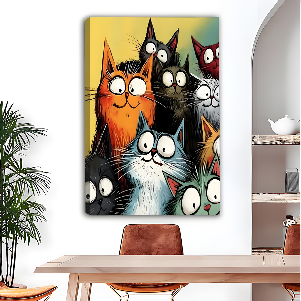 Colorful cartoon cats gallery wrap canvas wall art in dining room – frameless funny cat print home decor
