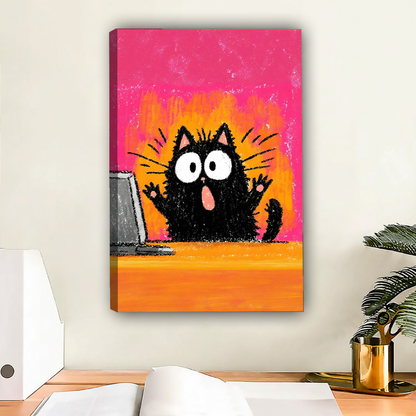 Shocked fluffy black cat with big white eyes and open mouth raising paws in front of laptop computer funny crayon chalk art illustration with hot pink and orange background gallery wrap canvas art displayed on white wall above modern wooden desk with white binder open notebook and gold pen holder beside dark green palm plant