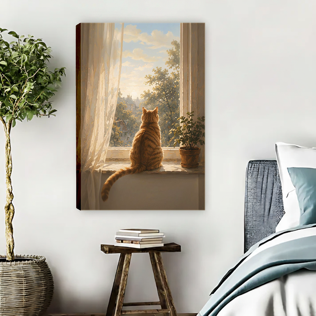 Gallery wrap sunny cat canvas print displayed in cozy bedroom beside nightstand