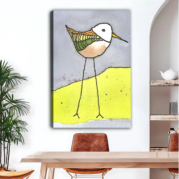 Illustrated sandpiper on yellow dune canvas art print, unframed whimsical bird wall decor with grey blue background for dining room