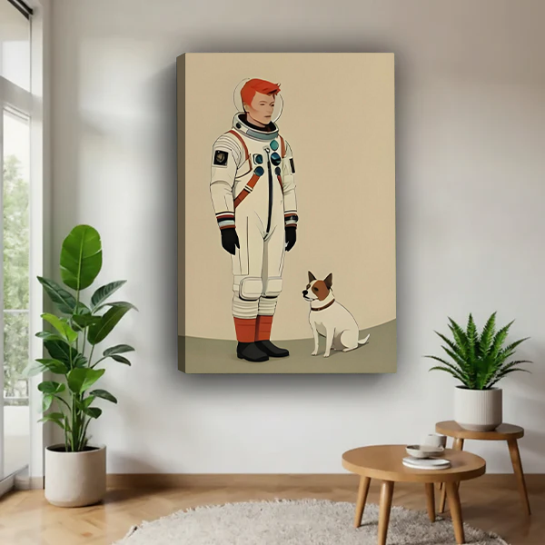 Minimalist astronaut dog canvas art print hanging in bright contemporary living space
