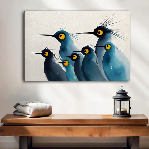 Canvas blue crested birds watercolor wall art print on white wall above wooden console table