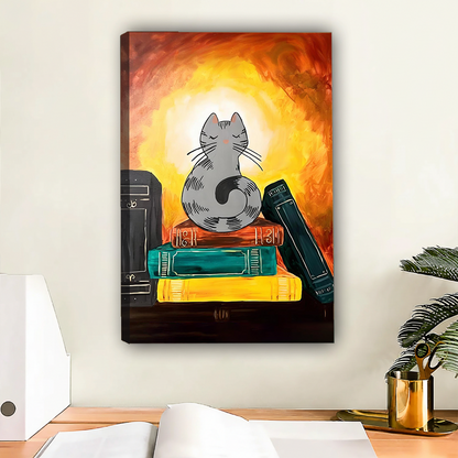 Zen cat meditating on colorful books fiery orange glow mystical illustration gallery wrap canvas wall art above wooden office desk