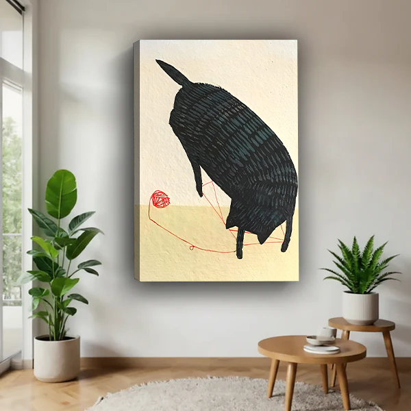 Minimalist black cat red yarn gallery wrap canvas art without frame on white wall flanked by tropical plants in Scandinavian living room