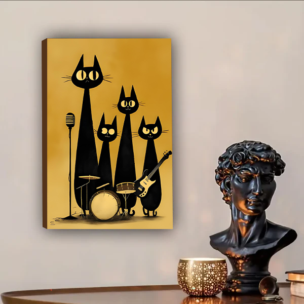 Black cat jazz band retro gold gallery wrap canvas art above wooden desk with David bust sculpture