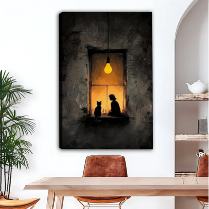 Girl Cat Window Light Dark Oil Painting Framed Canvas Art l2503