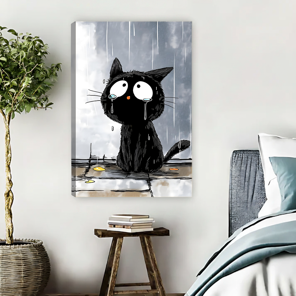 Sad soaking wet black cat standing in rain puddle with wide teary eyes and drooping whiskers under dark grey stormy sky funny cartoon line illustration style gallery wrap canvas art displayed on white wall above rustic wooden stool with stacked books beside rattan basket plant and Scandinavian bed with teal and white linen bedding