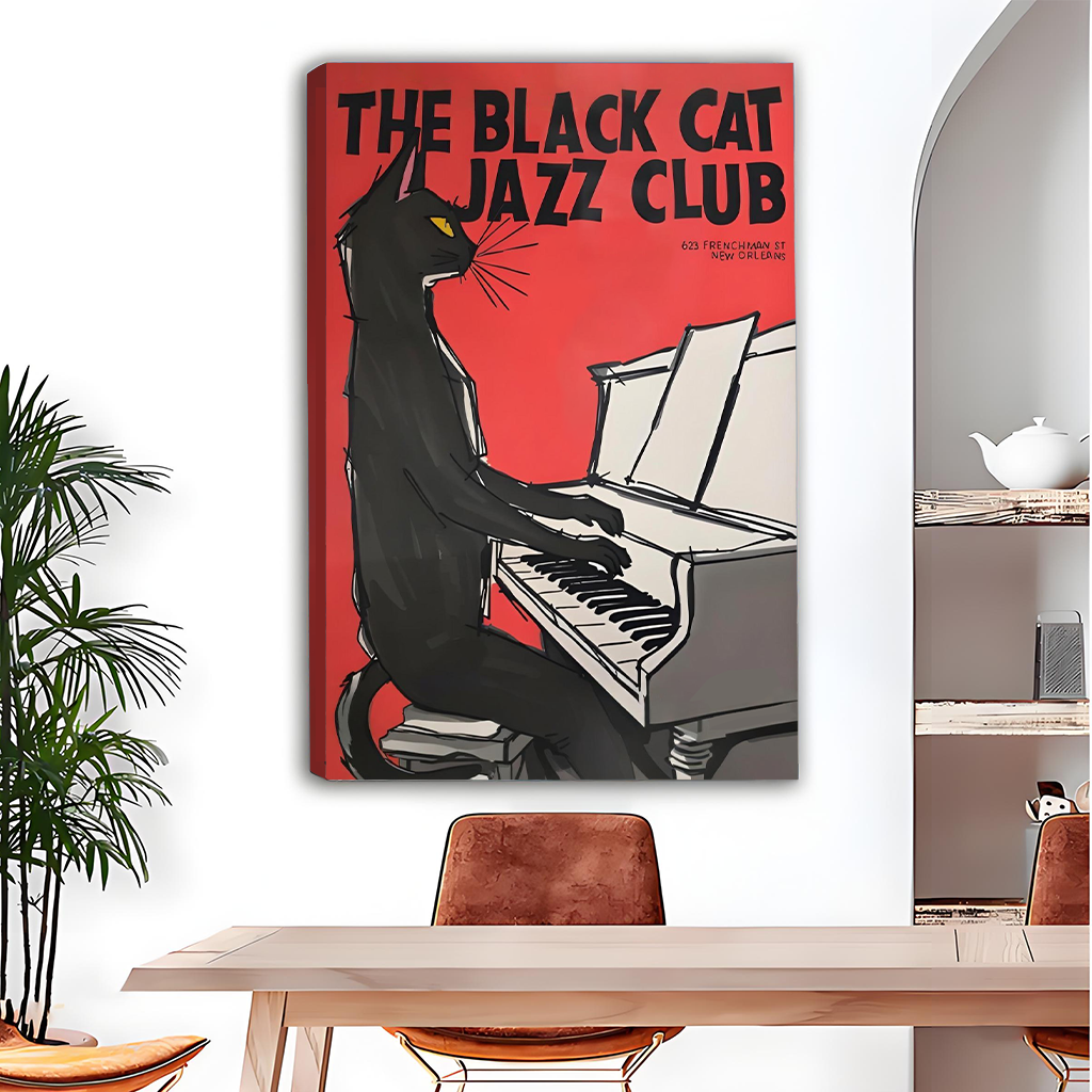 Black cat jazz club piano canvas wall art – vintage New Orleans retro music poster home decor