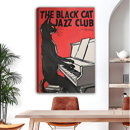 Black cat jazz club piano canvas wall art – vintage New Orleans retro music poster home decor