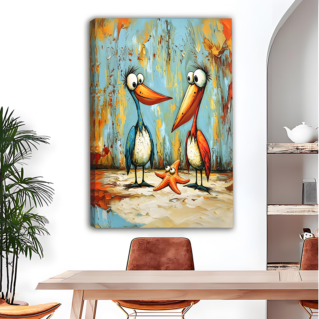 Two cartoon pelicans and starfish colorful canvas wall art, bold beach-inspired painting for living room