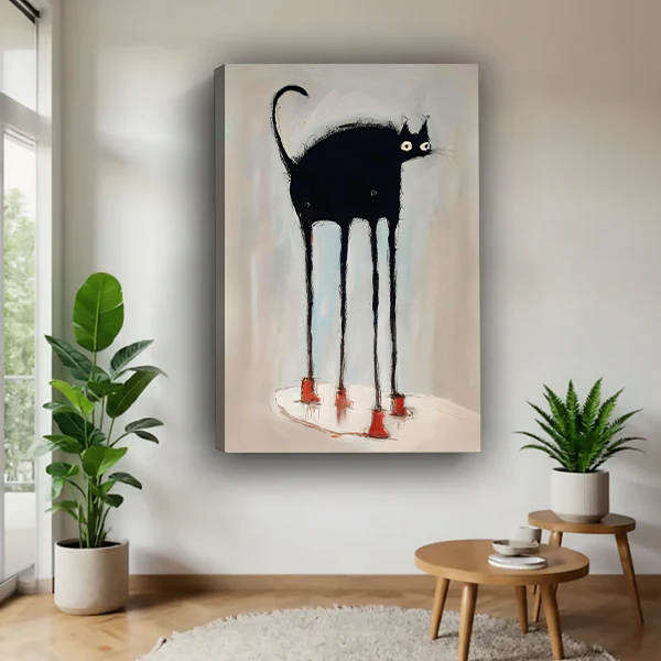 Funny long-legged black cat wearing red boots gallery wrap canvas art without frame on white wall flanked by tropical plants