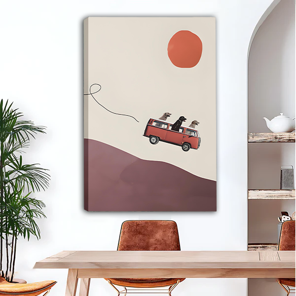 Minimalist dogs in red van gallery wrap canvas art print in dining room