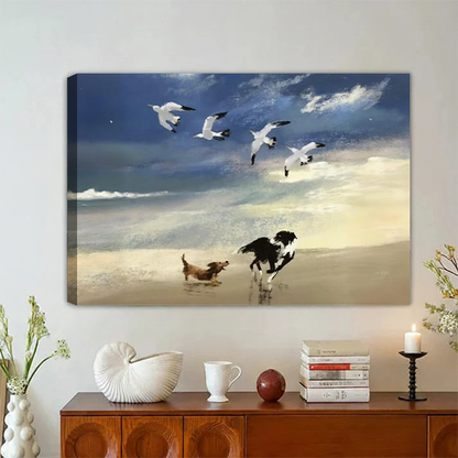 Unframed gallery wrap canvas of dogs chasing seagulls on coastal beach