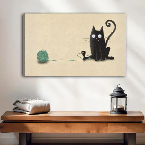 Black cat with green yarn ball canvas art print – frameless minimalist wall decor for living room