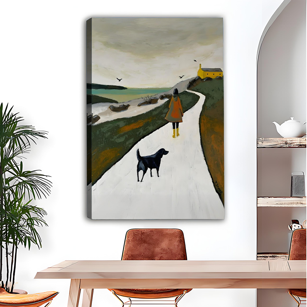 Nordic coastal walk woman and black dog canvas wall art, frameless gallery wrap, moody oil painting landscape, contemporary dining room setting