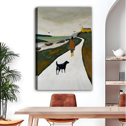 Nordic coastal walk woman and black dog canvas wall art, frameless gallery wrap, moody oil painting landscape, contemporary dining room setting