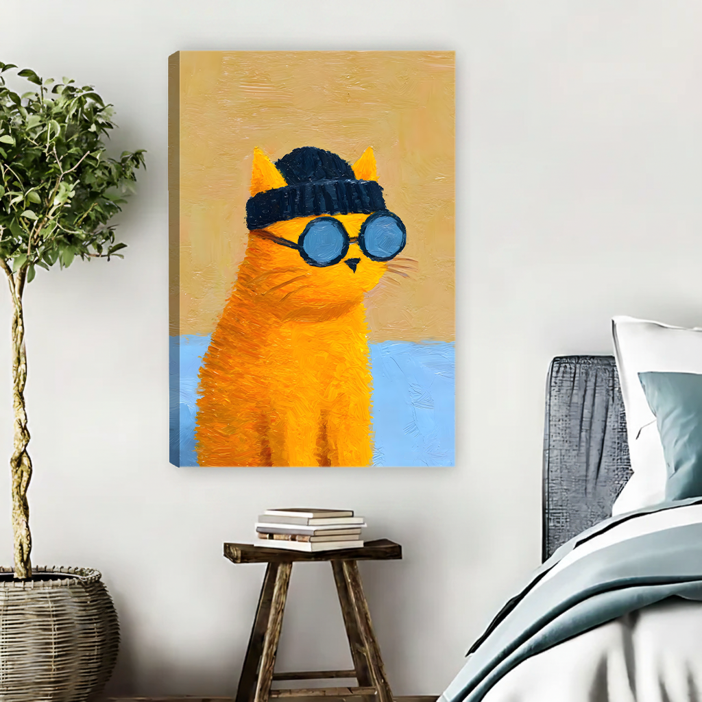 Cool chubby orange cat wearing round blue swimming goggles and black swim cap bold thick impasto oil painting style with golden yellow and light blue background gallery wrap canvas art displayed on white wall above rustic wooden stool with stacked books beside rattan basket plant and Scandinavian bed with blue grey linen bedding