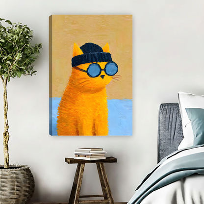 Cool chubby orange cat wearing round blue swimming goggles and black swim cap bold thick impasto oil painting style with golden yellow and light blue background gallery wrap canvas art displayed on white wall above rustic wooden stool with stacked books beside rattan basket plant and Scandinavian bed with blue grey linen bedding