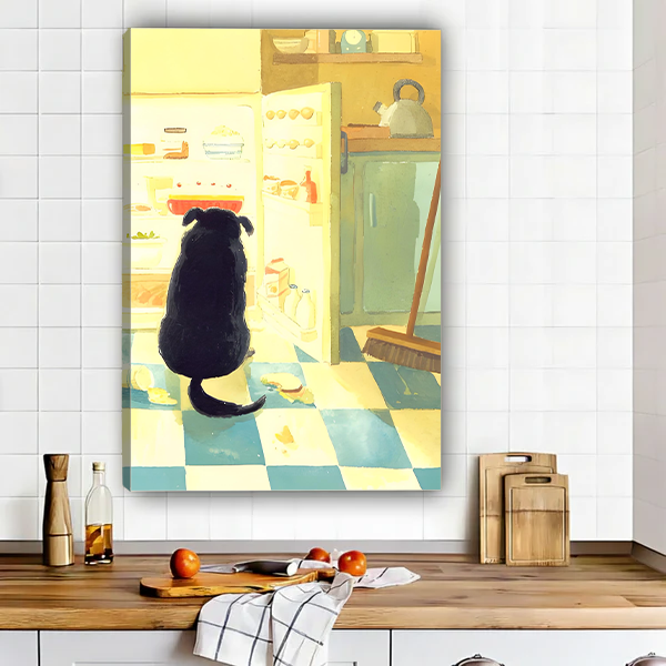 Black dog sitting in front of open fridge on blue checkered floor cozy kitchen watercolor illustration gallery wrap canvas art displayed on white tile wall above wooden kitchen counter with tomatoes and linen cloth