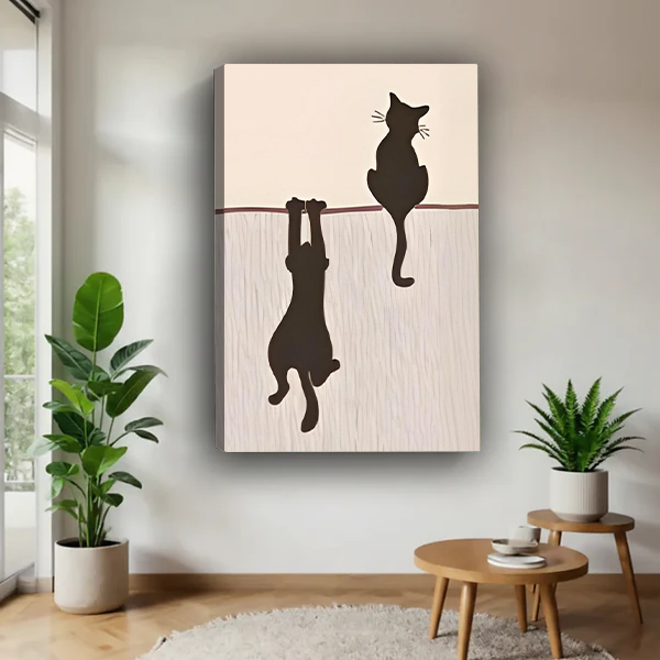 Two black cats one hanging one sitting silhouette gallery wrap canvas wall art, no frame, minimalist living room