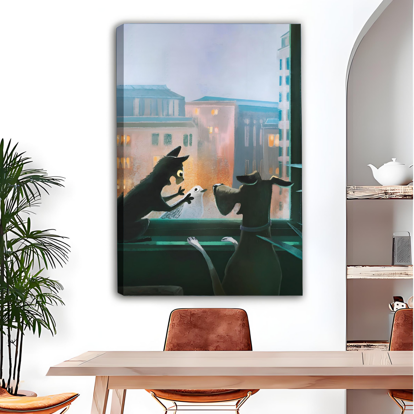 Whimsical Cat Dog City Window Framed Canvas Wall Art l2640