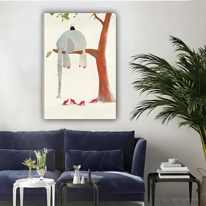 Funny sleeping elephant hanging from tree with red heels gallery wrap canvas art without frame above navy blue sofa