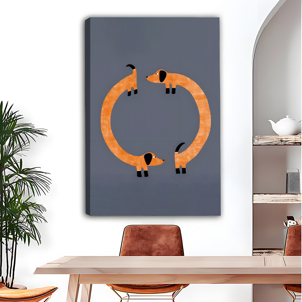 Orange dachshund circle canvas art print displayed in modern dining room – minimalist dog wall decor