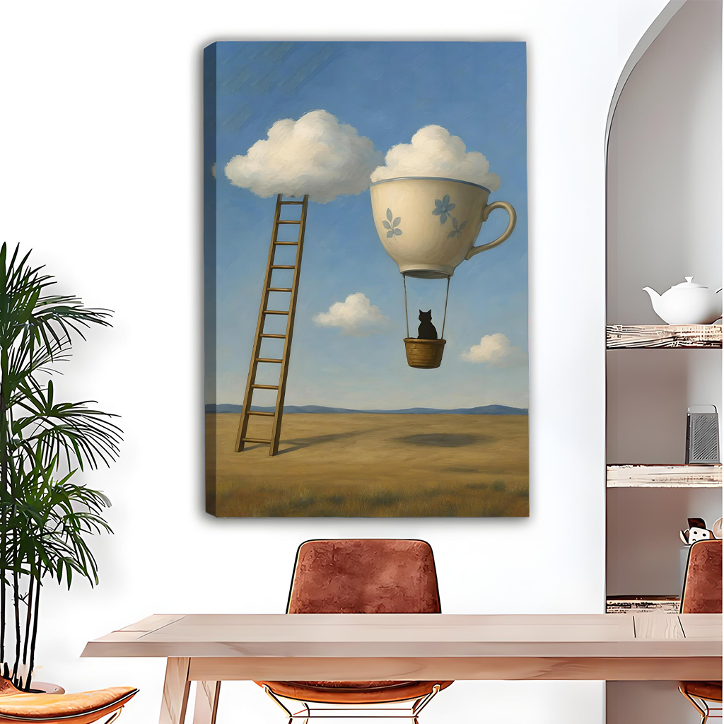 Surreal black cat teacup balloon canvas wall art, framed canvas print for living room