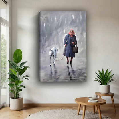 Frameless canvas oil painting of a woman and white dog walking in the rain displayed in a modern living room, sentimental figurative wall art