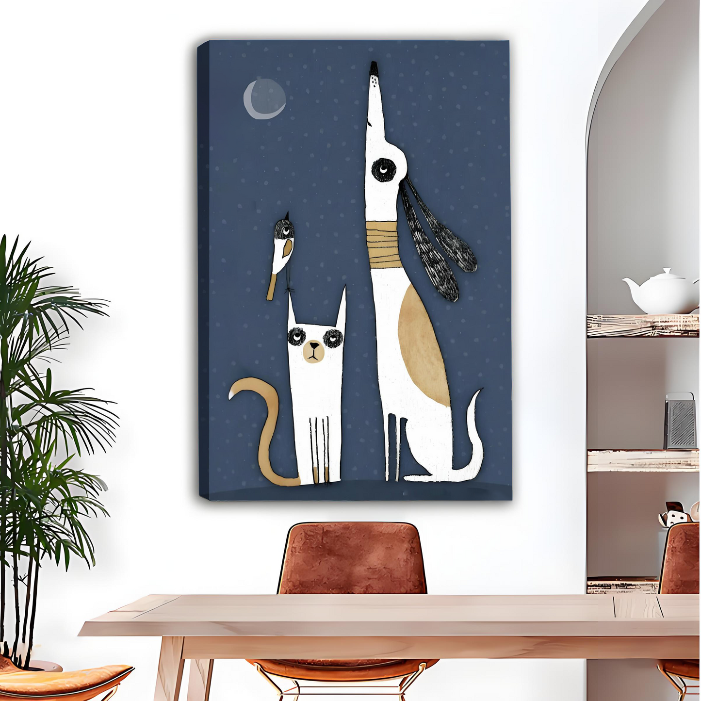 Whimsical cat dog and bird moon canvas wall art, frameless gallery wrap, midnight blue illustration, displayed in contemporary dining room