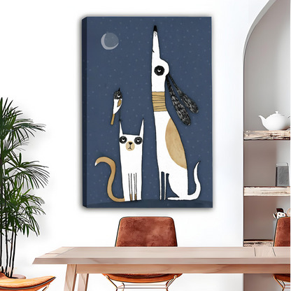 Whimsical cat dog and bird moon canvas wall art, frameless gallery wrap, midnight blue illustration, displayed in contemporary dining room